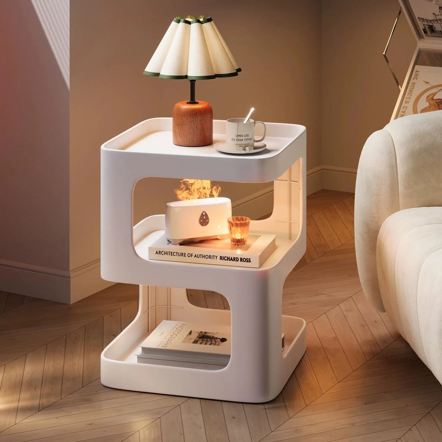 Modern Hallow-Out 2 Tier Super Heavy Duty White Plastic Square Shaped Curved Corners End Tables/Colors-Green/Black/White/ Size: 35cm x 35cm x 45cm