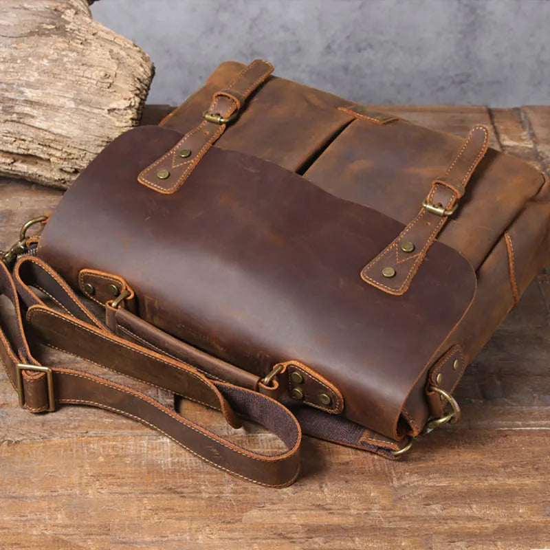 Luufan Brown Men Cow Leather Briefcase Zipper Bags/Handles-Shoulder Straps/Built-In Laptop Compartment/Fits 14 Inch Laptop