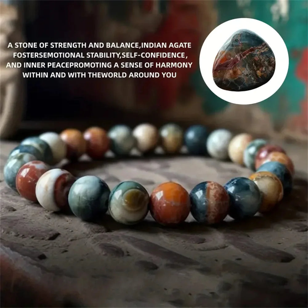 Unisex Natural Crystal Beaded Indian Moss Agate Healing Bracelets/Colors-Multicolor/Brown/Green