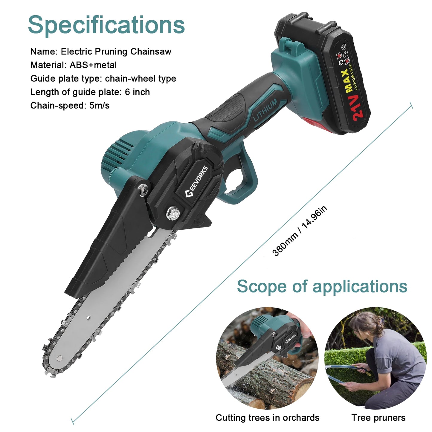 GEEVORKS Outdoor Home DIY Plastic Green-Black Body 6 Inch Handheld Mini Cordless Lithium Battery-Powered Rechargeable Brushed Motor 21V Electric Portable Wood Cutting Adjustable Tension Pruning Metal Chainsaws/Colors-Green/Black/Gray/Red/