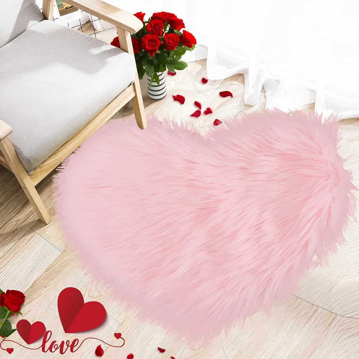 No-EN-Name-Null Indoor Soft Plush Fluffy Pink Heart Microfiber Non-Slip Bottom Doormats/Sizes: 30 x 40cm