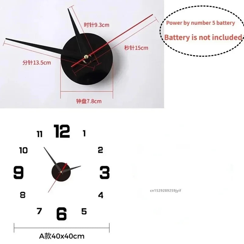 3D Large Numbers Frameless Acrylic Mirror DIY Quartz Digital Wall Clock Stickers/Number 5 Battery/Battery Not Included/Colors-Black/Gold/Red/Silver