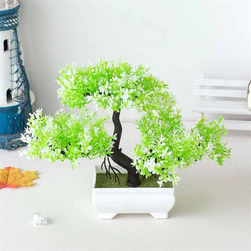 Indoor Artificial Plastic Non-Flowering Small Magnoliopsida Bonsai Tree-Rectangle Pot/Colors-Green/Purple/Yellow