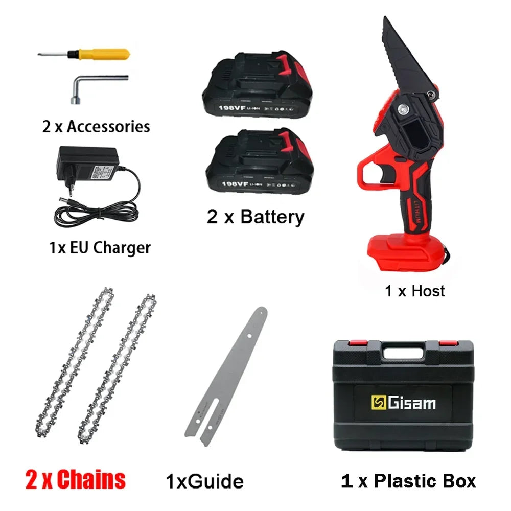 No-EN-Name-Null Outdoor ABS Plastic Red-Black Body Non-Slip Soft Rubber Handle Rechargeable Battery-Powered Wood-Cutting Cordless Electric Mini Handheld Metal Chainsaws/Colors-Red/Blue/Black/Gray/Multicolor