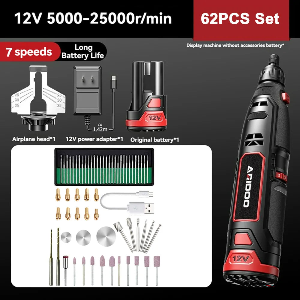 NULL Mini 12V Cordless Anti-Shaking Red-Black Plastic Body Adjustable 7 Speeds Keyless Chuck Rechargeable Battery-Powered Angle Steel Grit Grinding Head Chainsaw Sharpener Rotary Handheld Power Drills