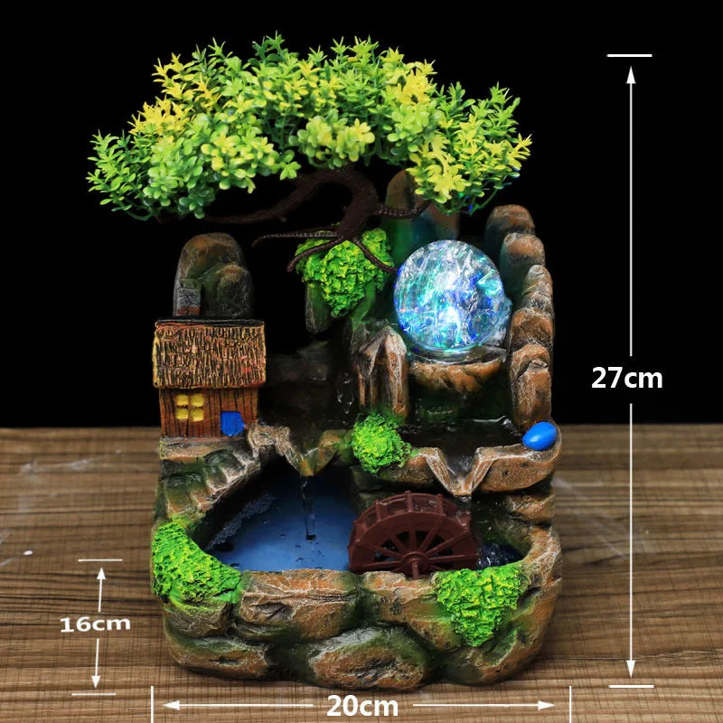 Feng Shui Water Fountain Indoor Waterfall Desktop Ornaments with Led Lights Resin Rockery Flowing Water Office Home Decor Gifts
