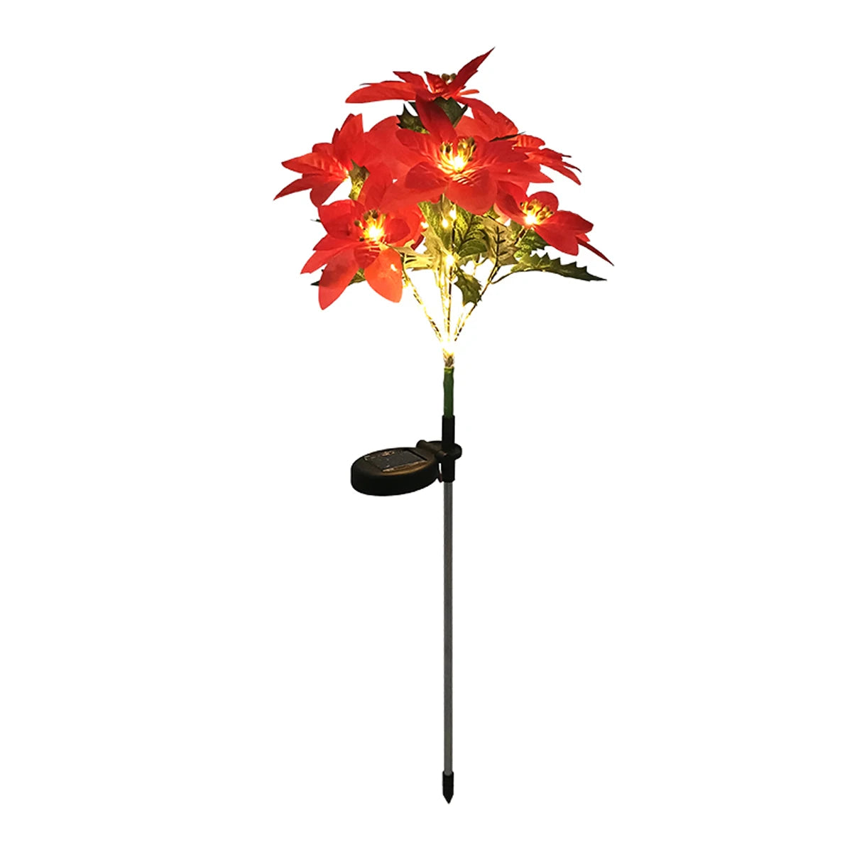 No-EN-Name-Null Outdoor Solar-Powered Warm White LED Red Christmas Poinsettia Flower Bouquet Holiday Stick Lights