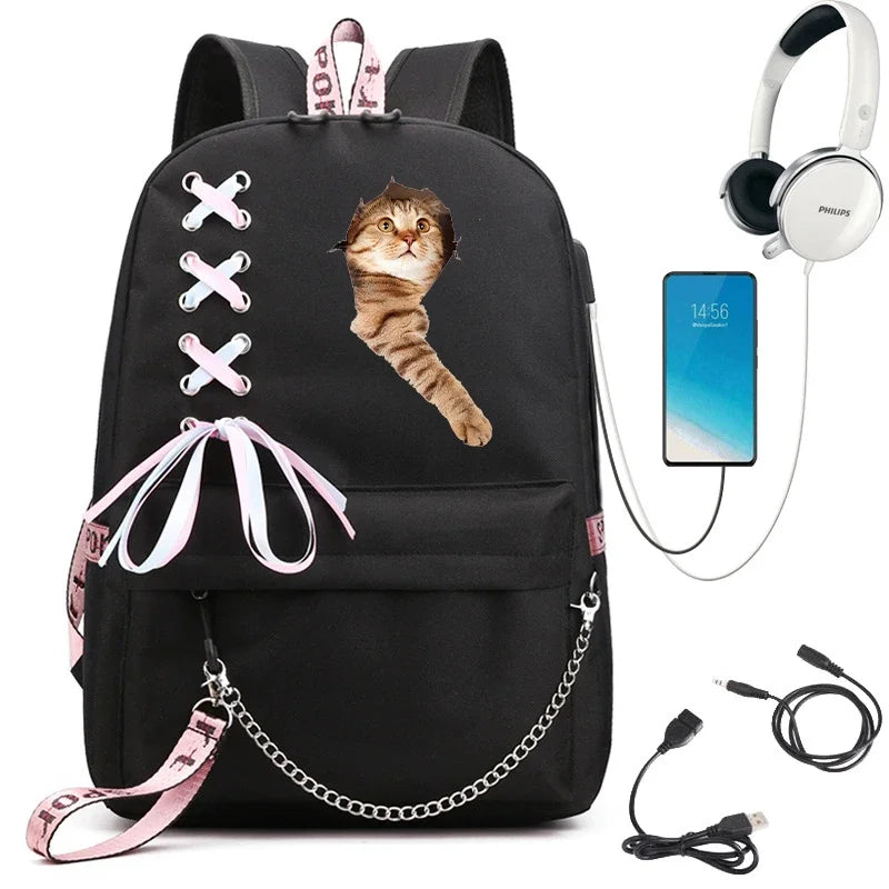 Decorative White Bow Canvas Nylon Printed Kawaii Cat Curved Back Support Zipper Black Backpacks/USB Charging/Built-In Laptop Compartment/Back Straps-Handle