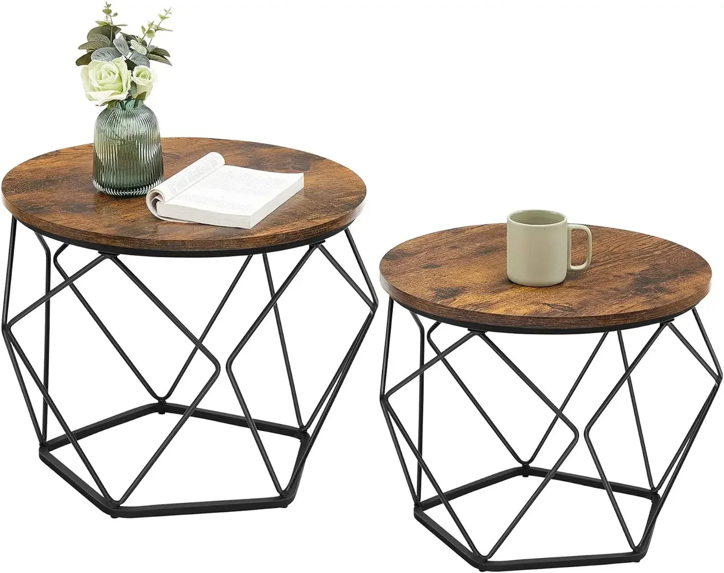 No-EN-Name-Null 2 PCS Rustic Brown Round Wood Top Steel Frame Coffee Table Sets/Colors-Rustic Brown-Black Base/Charcoal Gray-Black Base/White Marble-Black Base/Beige-Black Base/Size:( Large Size) 19.7cm W x 15.7cm H/( Small Size) 15.7cm W x 14.2cm H
