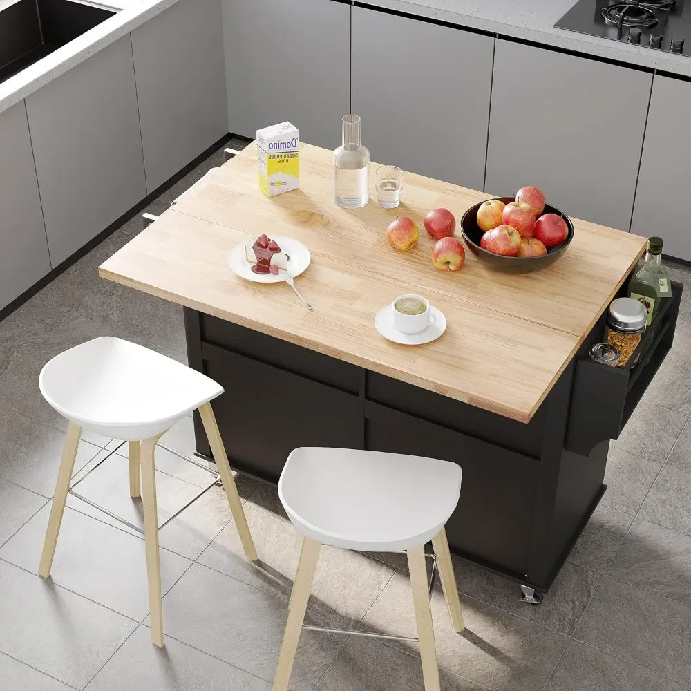 White/Black Wood Top Kitchen Island /Drop Leaf Breakfast Bar