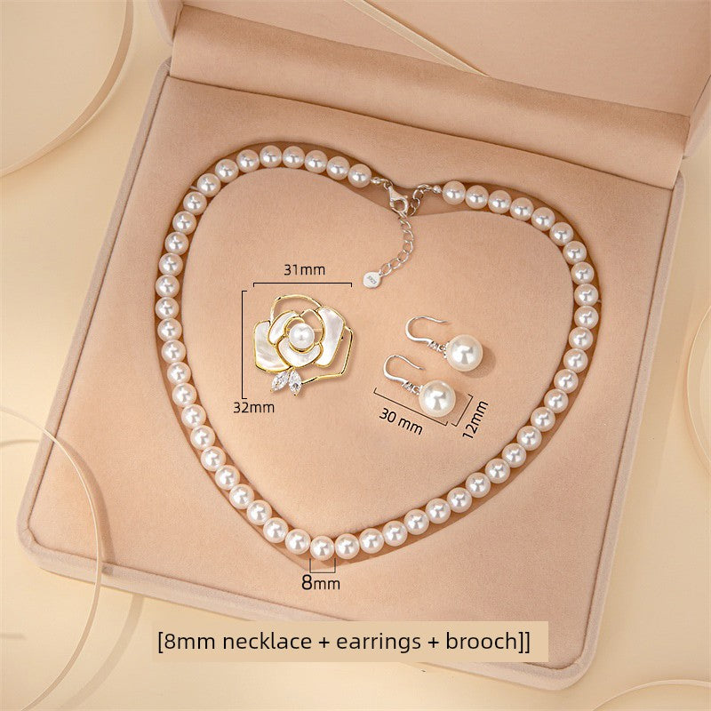 Adult Women Sterling Silver White Pearl Necklace-2 Hanging White Pearl Earrings Fine Imitation Jewelry Sets/Colors-White/Silver