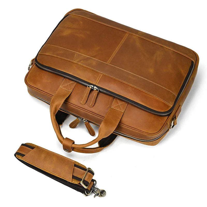 Men Real Cow Leather Briefcase Laptop Bags/ Fits 15.6 Inch Laptop/Handle-Shoulder Strap/Laptop Compartment/External Pockets/Colors-Black/Brown