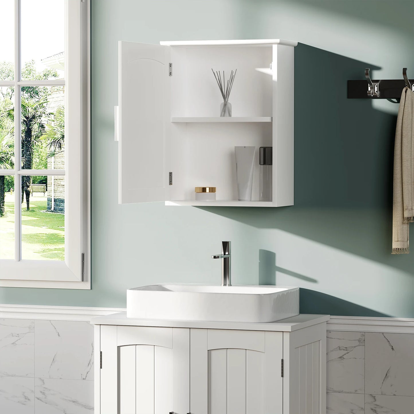 White Melamine Wall Hanging Bathroom Cabinet w/ Adjustable Shelf/Door/Metal Hinges/Dimension: 40x18x52cm (L x D x H)