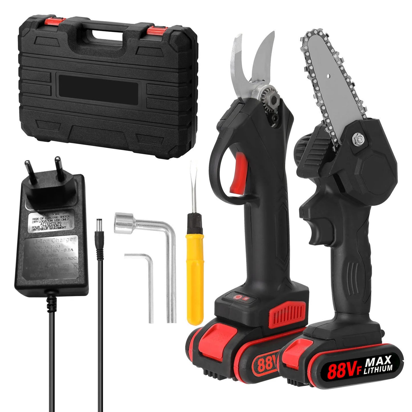 KKMOON Outdoor Plastic Red-Black-Gray Body 6 Inch Chain Wheel Guide Plate Child-Safety Lock Handheld 21V Cordless Lithium Battery-Powered Rechargeable Metal Electric Pruning Chainsaws/2 Lithium Batteries Included