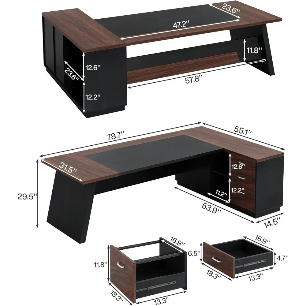 ANGDUO L-Shaped Large Modern Executive Walnut-Black Office Desks w/2 Drawers/1 File Drawer/Product Dimensions: 55.1"D x 78.7"W x 29.5"H