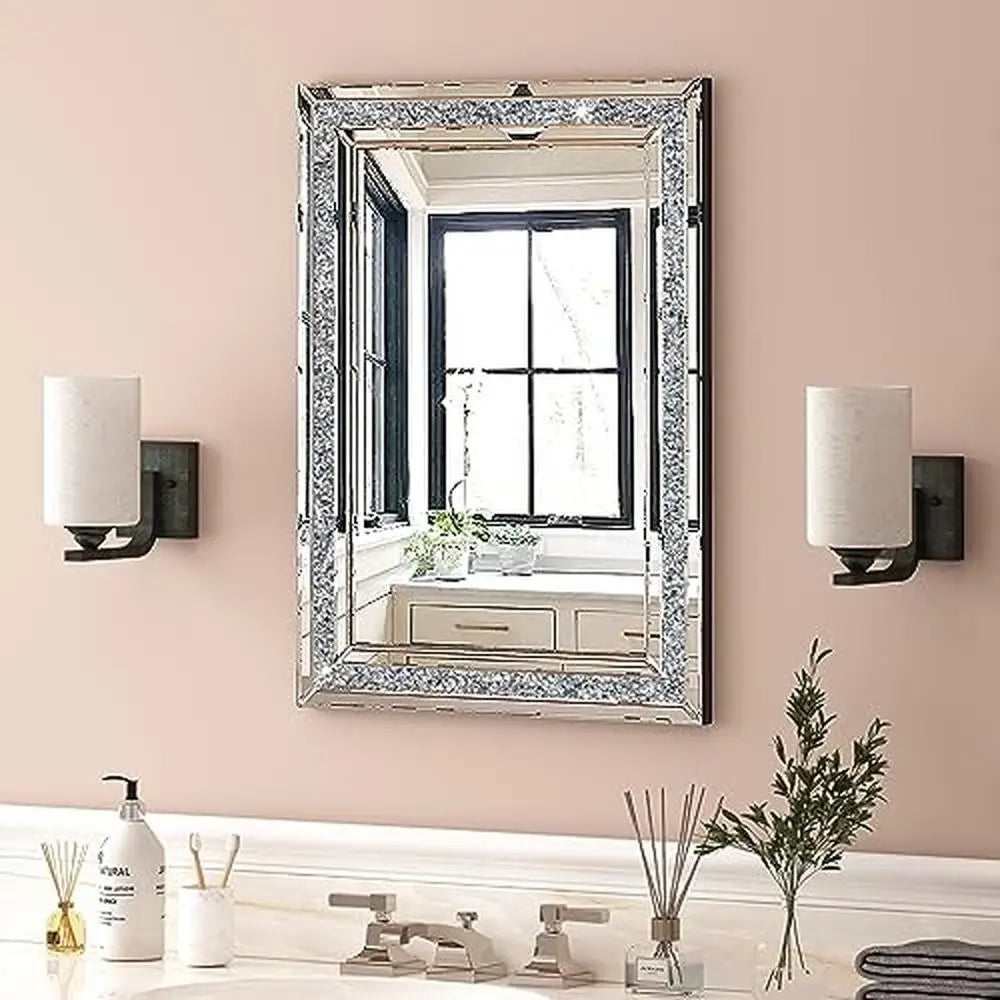 Crushed Diamond Beveled Rectangle Silver Wall Mirror