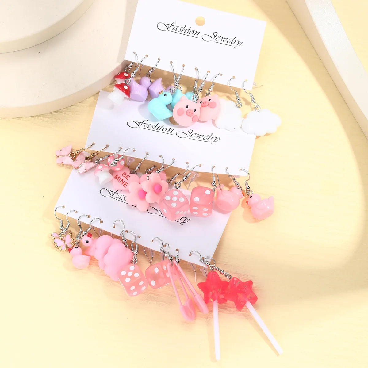 Women Imitation Multicolor Acrylic Cute Funny Cartoon Dopamine Hearts-Duck-Butterfly-Star-Pig Drop Tin Alloy Metal Earrings Sets/Colors-Multicolor/Dots/Animals