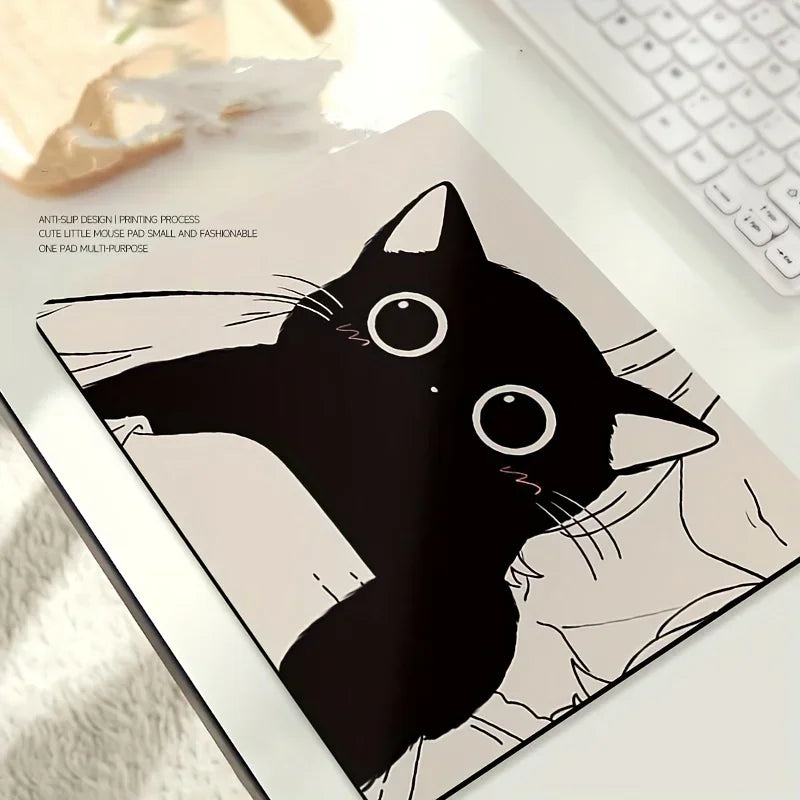 Small Rectangle Non-Toxic Cartoon Kawaii Black Cat Animal Illustration Fabric Washable Non-Slip Rubber Lock Edge Gaming Mouse Pad