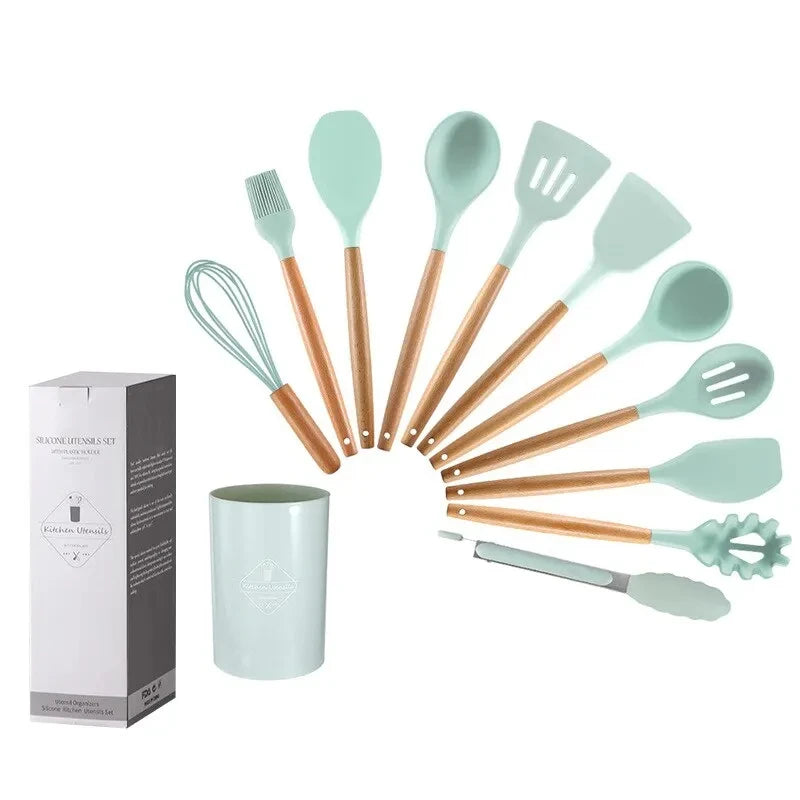 Kitchen 12 PCS Set Green Heat Resistant Non-Stick Silicone Tips Wood Handles Utensils-Storage Bucket/Colors-Blue/Red/Black/Green/Multicolor