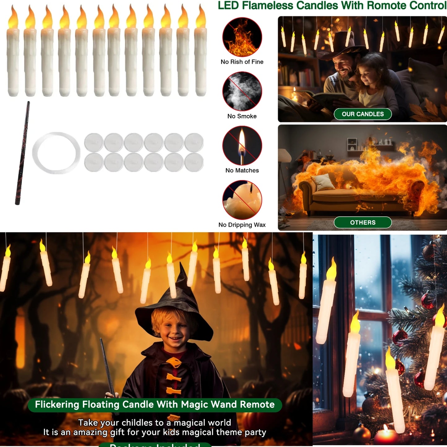 8-12 PCS LED White Tall Round Plastic Magic Wand Remote Control Flickering Floating Flameless Taper Candles