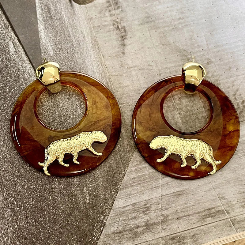 XIALUOKE Women Imitation European-American Geometric Round Stainless Steel Resin Flat Brown Hoop Gold-Platinum Metal Tiger Drop Earrings