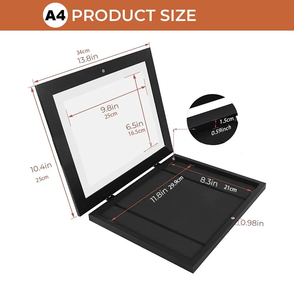 Rectangle Built-In Plastic Frame Clear Acrylic Magnetic Closure Wood Trim Kids Flap Art A4 Photo Frames/Colors-Brown/Black/White/Clear