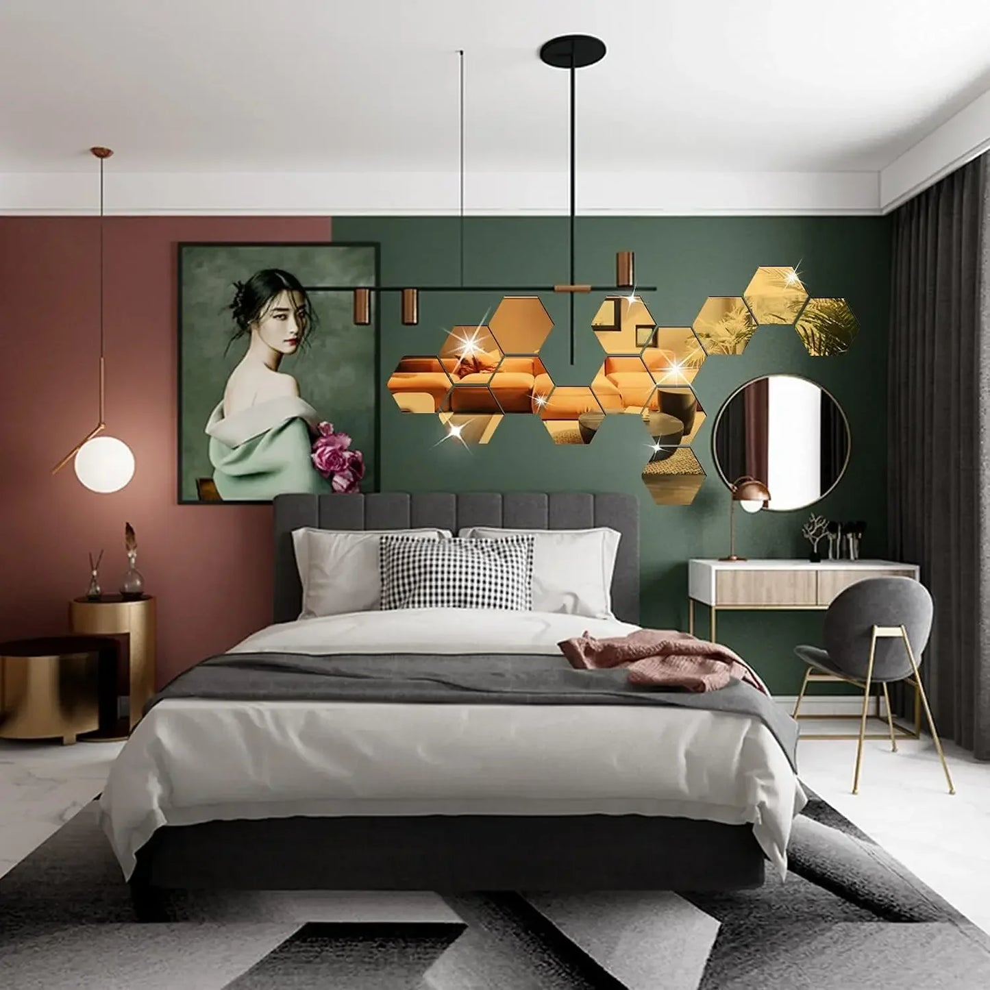 6/12pcs 3D Hexagon Mirror Wall Sticker /Colors-Rose Gold, Blue, Multicolor, Silver, Black, Red, Golden