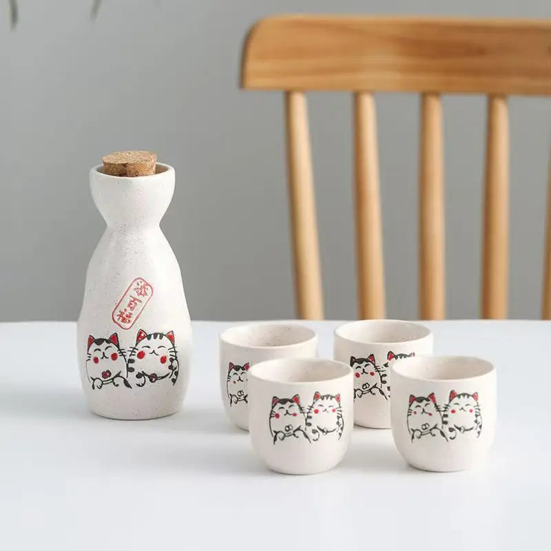 5pcs/set Ceramic Sake Pot Cups Set Flagon Liquor Cup Spirits Cups Set Japanese Bar Wine Set Flower Text Pattern Creative Gifts
