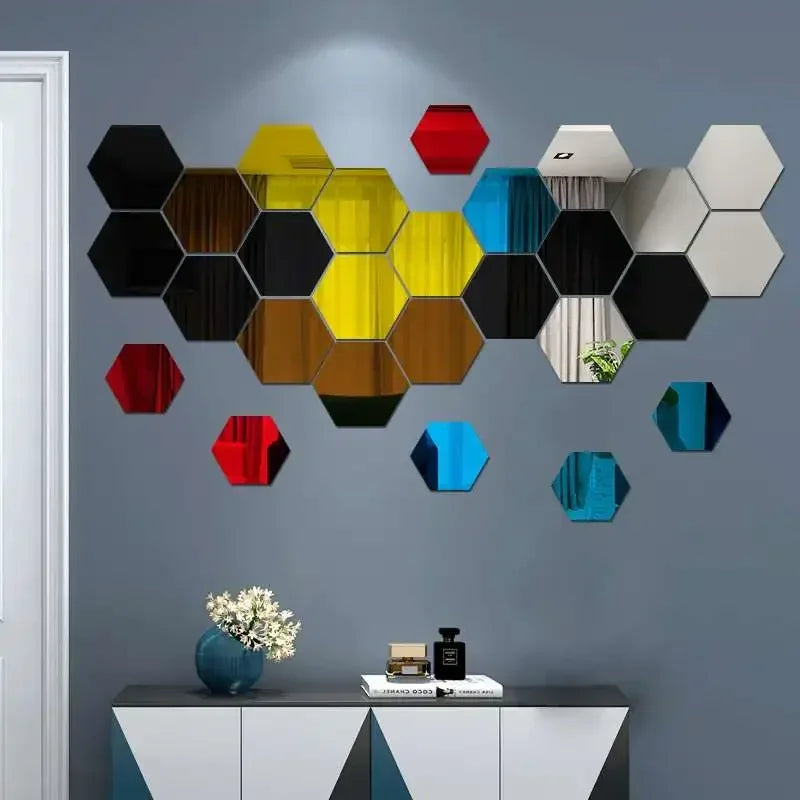 6/12pcs 3D Hexagon Mirror Wall Sticker /Colors-Rose Gold, Blue, Multicolor, Silver, Black, Red, Golden