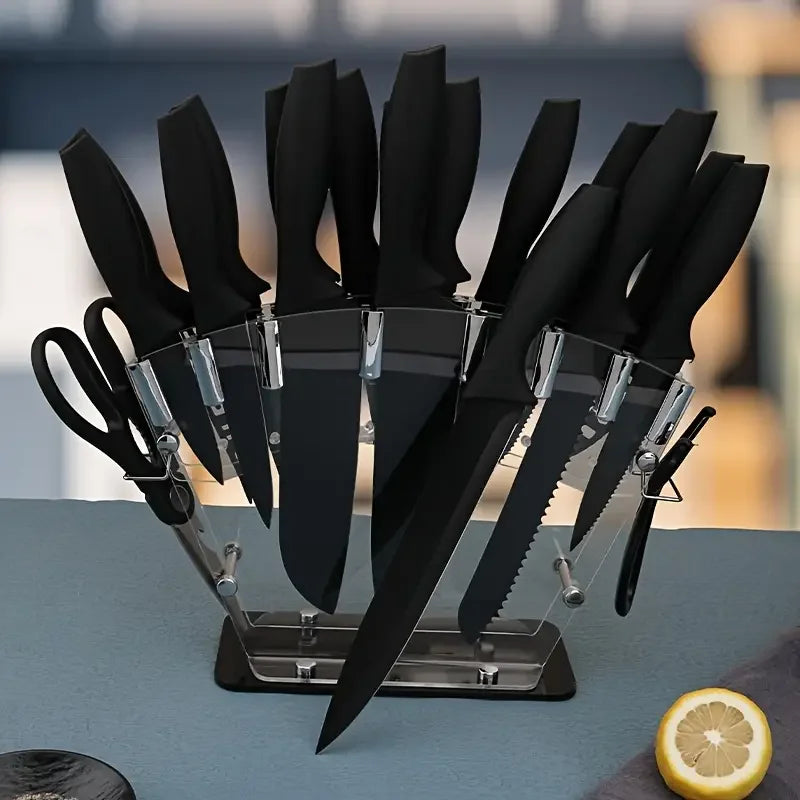19 PCS Set Kitchen Stainless Steel Plastic Black Handle Chef Sharp Blade Knives Sets/ Extra Utensils
