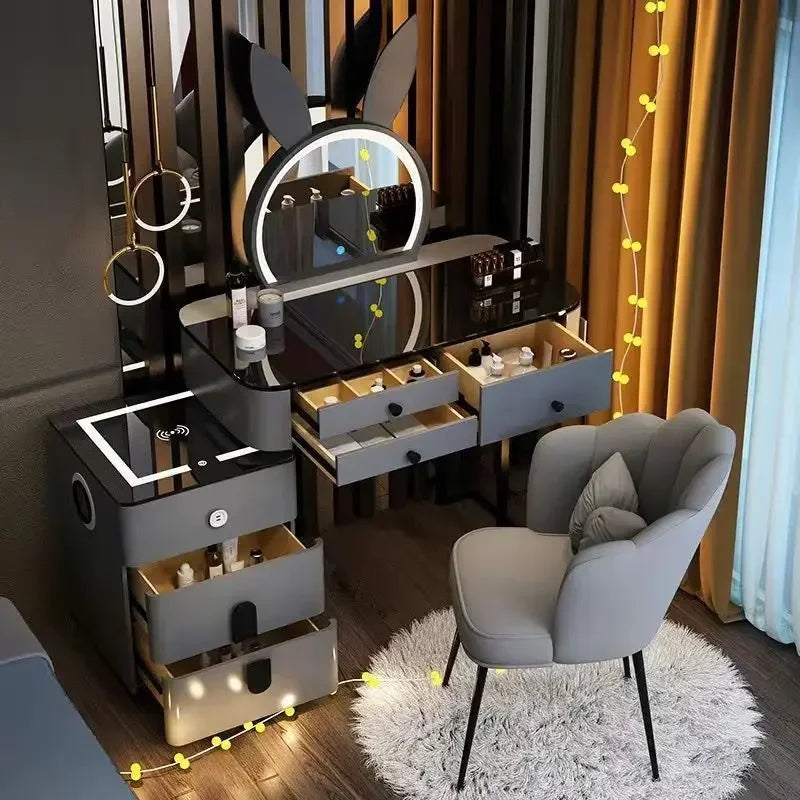 Modern Style White Adjustable LED Smart Touch-Controlled Lighted Round Mirror Black Tempered Glass Countertop Solid Pine Wood Draws Make-Up Vanities /2 USB Wireless Ports /Bluetooth Speakers/Colors-Black/Gray/White