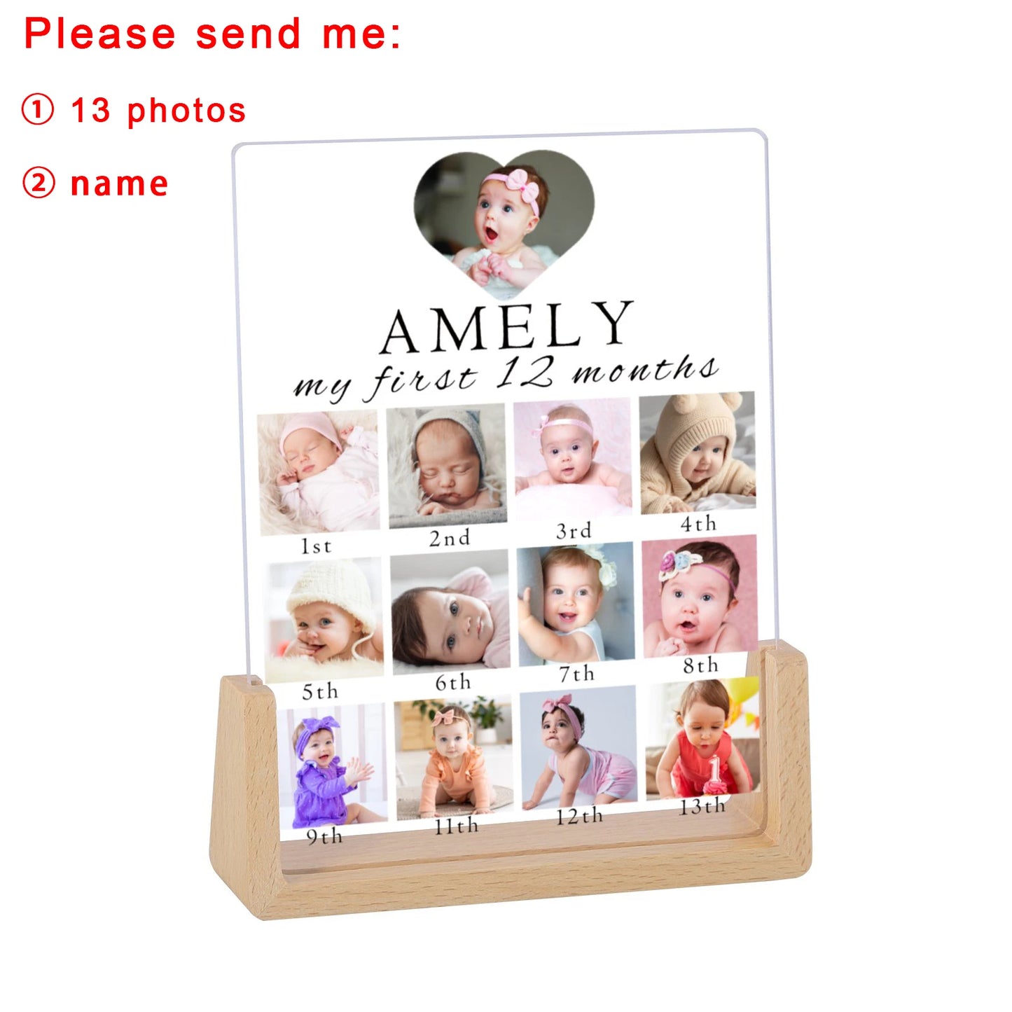 Customized Wood Base Clear Acrylic Plate Rectangle Newborn Babies First Year 12 Photo-Babies Name Display Frames/Colors-Brown/Beige/Clear
