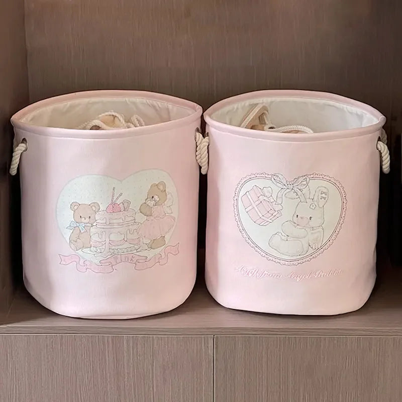 Babies Cartoon Animal Design Canvas Round Collapsible Pink Fabric Laundry Storage Baskets