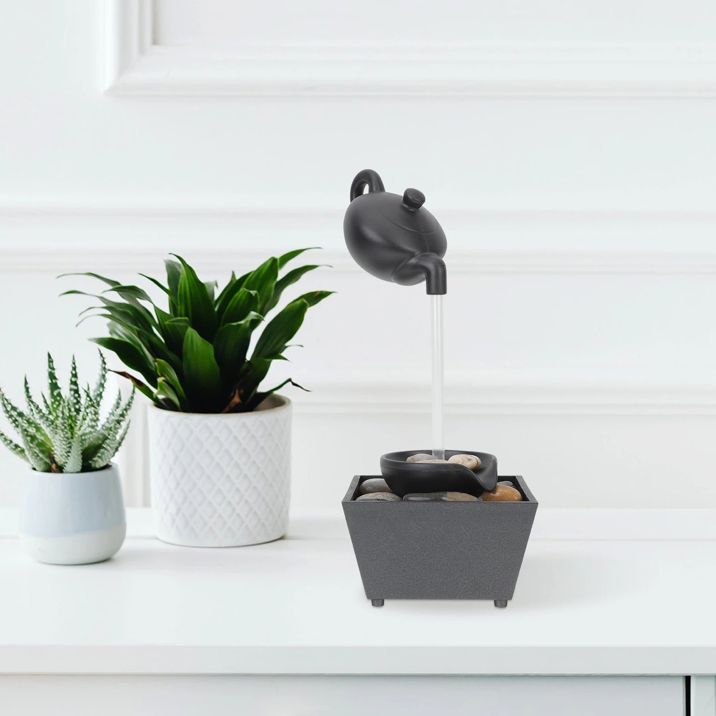 Fengshui Black Plastic Electric Suspended Teapot Desktop Water Fountain/2-AA Batteries Not Included