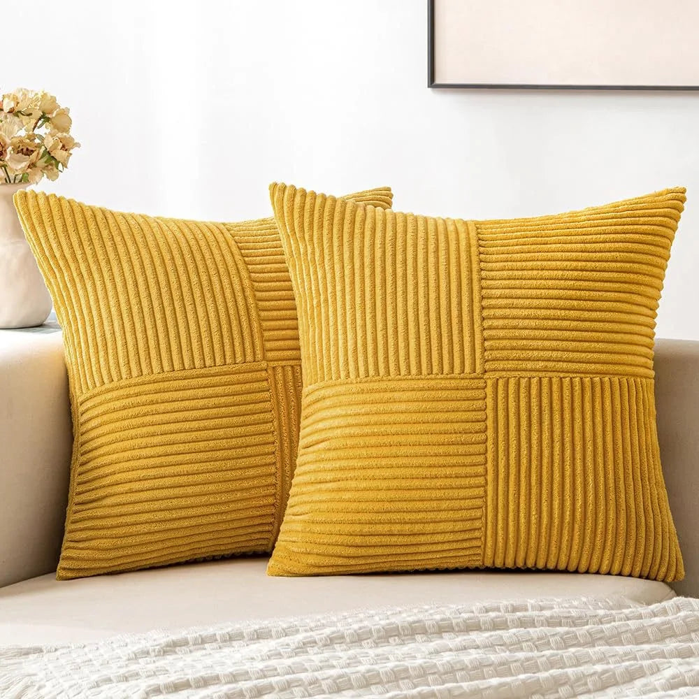 2 PCS Set Solid Color Cotton-Polyester Corduroy Striped Throw Pillow COVERS Only /Colors-Beige/Wine Red/Pink//Dark Gray/Bean Green/Dark Green/ Denim Blue/ White/Bright Yellow/Sizes: 18 x 18 Inches/Concealed Zipper