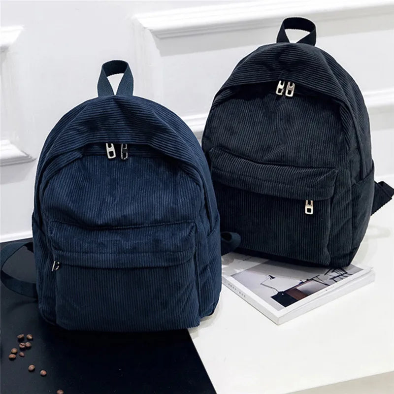 Women Softback Corduroy Interior Zipper Pockets Polyester Mochila Striped Rucksack Backpack Bags/Colors-Gray/Brown/Navy/Black/Blue/White