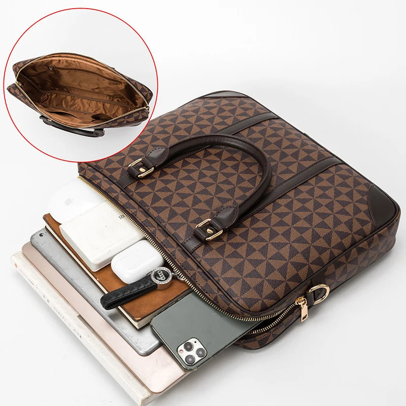Men Leather Zipper Briefcase Built-In Laptop Compartment Polyester Bags /Shoulder Straps/Soft Handles/Slit Internal Pockets/Colors-Black/Brown
