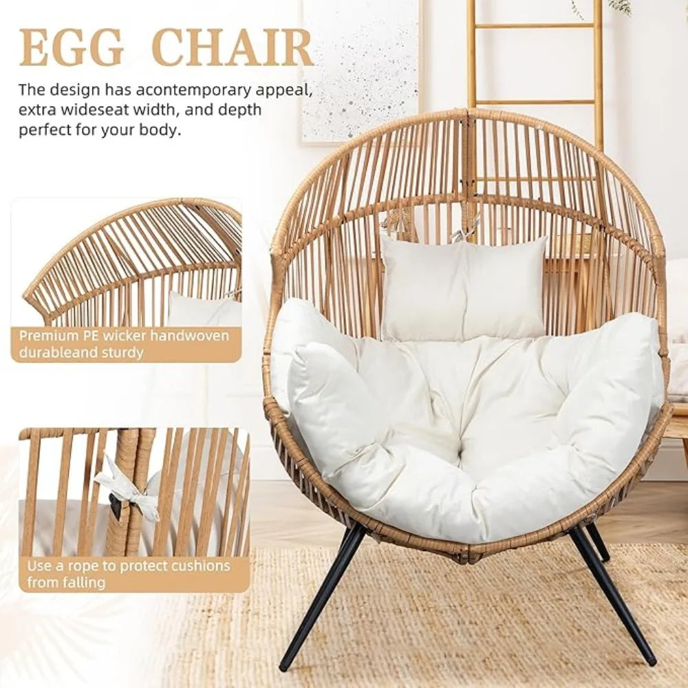 Outdoor Beige Wicker Egg Chair PE Rattan Chair with Cushion/Dimensions L x W: 32.3"L x 38.4"W/