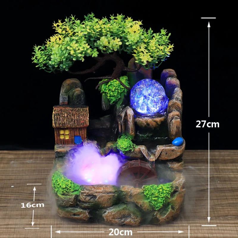 Feng Shui Water Fountain Indoor Waterfall Desktop Ornaments with Led Lights Resin Rockery Flowing Water Office Home Decor Gifts