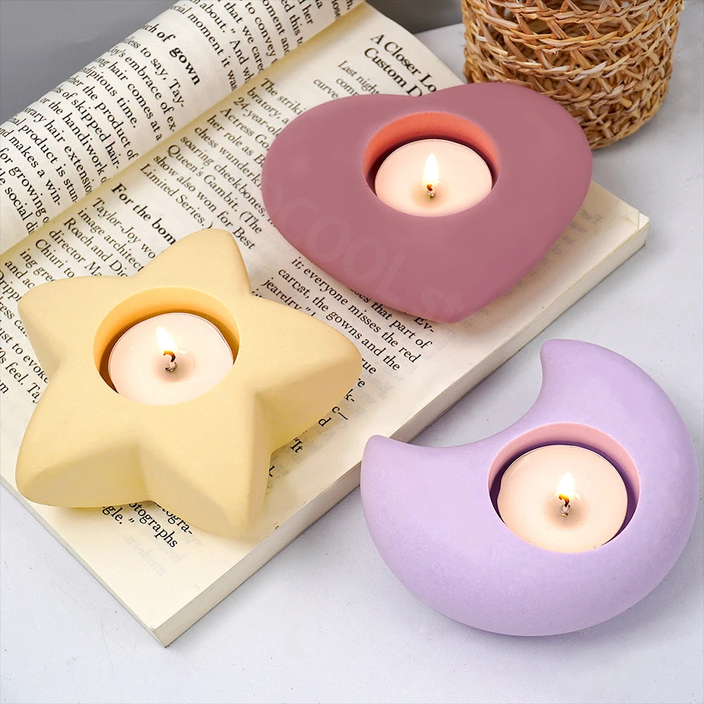 3D Tea Light Candleholder Silicone Concrete Milky White Molds/ Star-Moon-Heart Shape