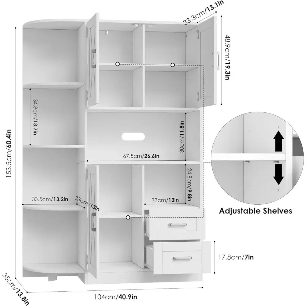 Solid Wood Farmhouse Kitchen Storage Cabinet/4 Tier Adjustable Shelves w/ 3 Doors /Dining Sideboard /2 Easy-Glide Drawers/Colors/White/Gray/Brown/ Holds Up To 350 lbs.