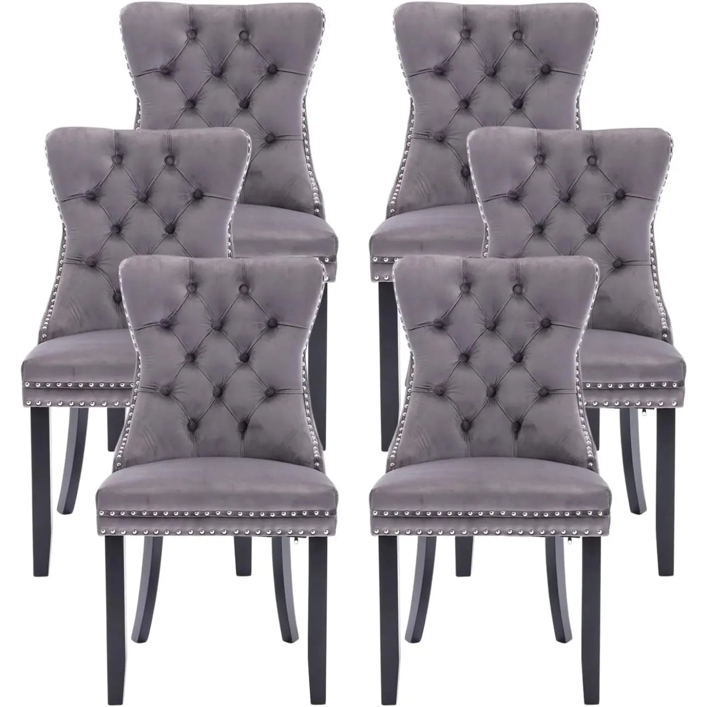 6pcs Gray Upholstered Modern High End Tufted Velvet Wingback Button Trim Back Dining Chairs Set
