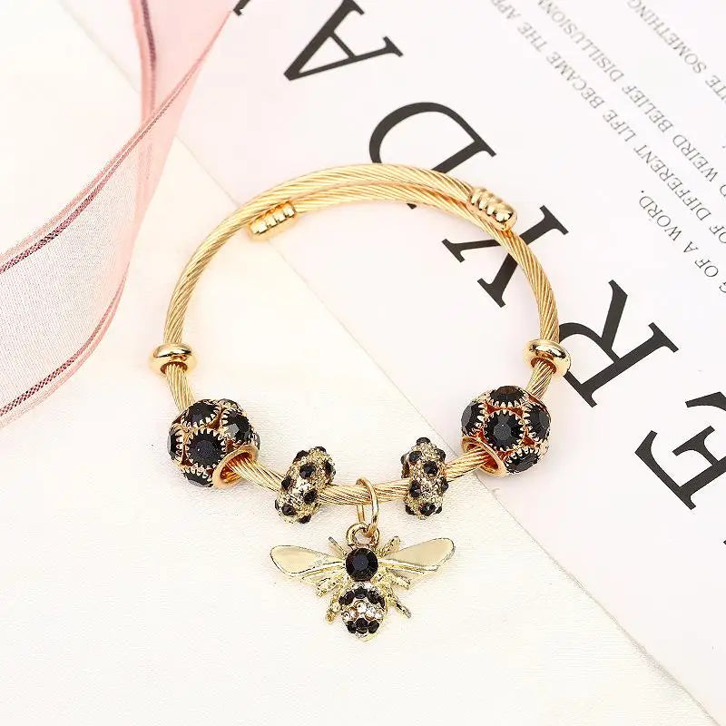 Women Round Titanium Steel Metal Inlay Imitation Crystal Rhinestone Bee Shape Gold-Black Balls Toggle-Clasps Bangle Charm Bracelets/Colors-Gold/Silver/Red/Clear/Pink/Geometric