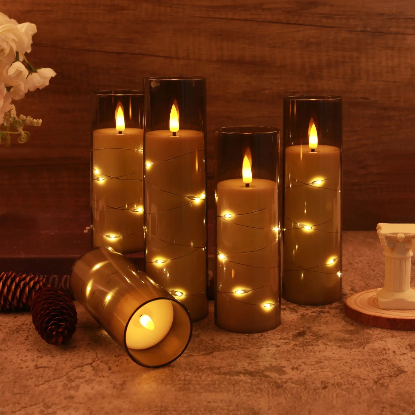 5 PCS Set LED Embedded Star String Detailing Round Pillar Flickering Flameless Candles /Timer Remote/Changeable Wick/Colors-White/Brown/Gray/Orange