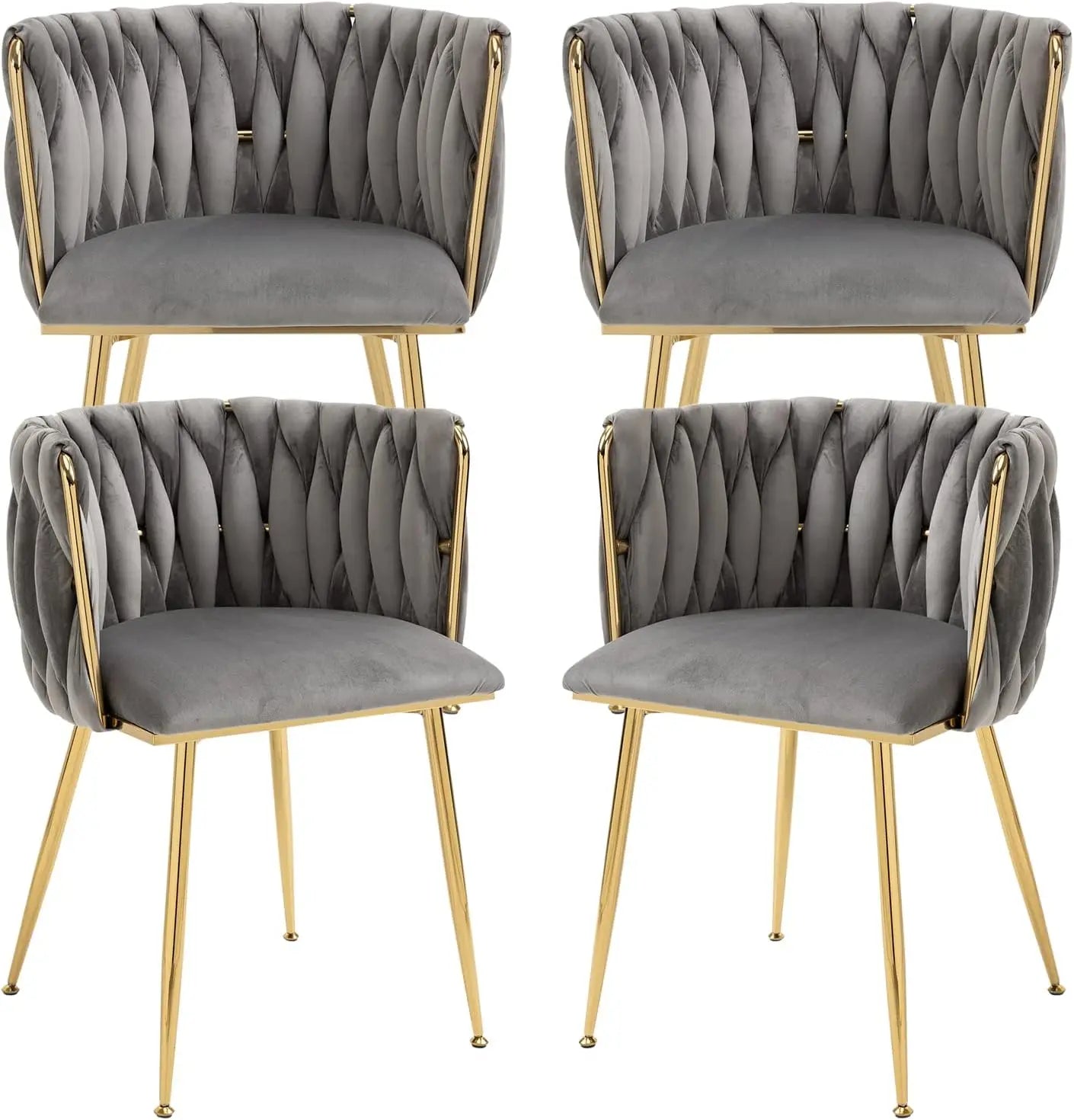 4 pcs Velvet Curved Backrest Woven Upholstered Padded Cushion Tufted Dining Chair Set w/ 4 Gold Metal Legs/Colors-Beige/Gold/Gray/Yellow/Black