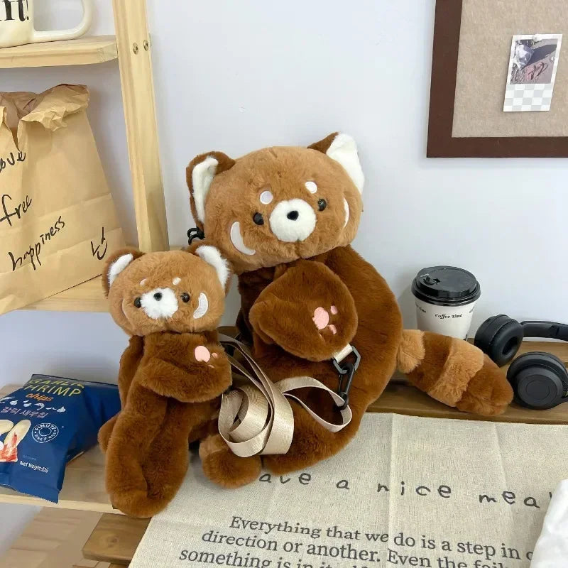 Cartoon Little Brown Raccoon Plush Curve Back Zipper Polyester Backpacks/Soft Straps-Handle/Colors-Animal