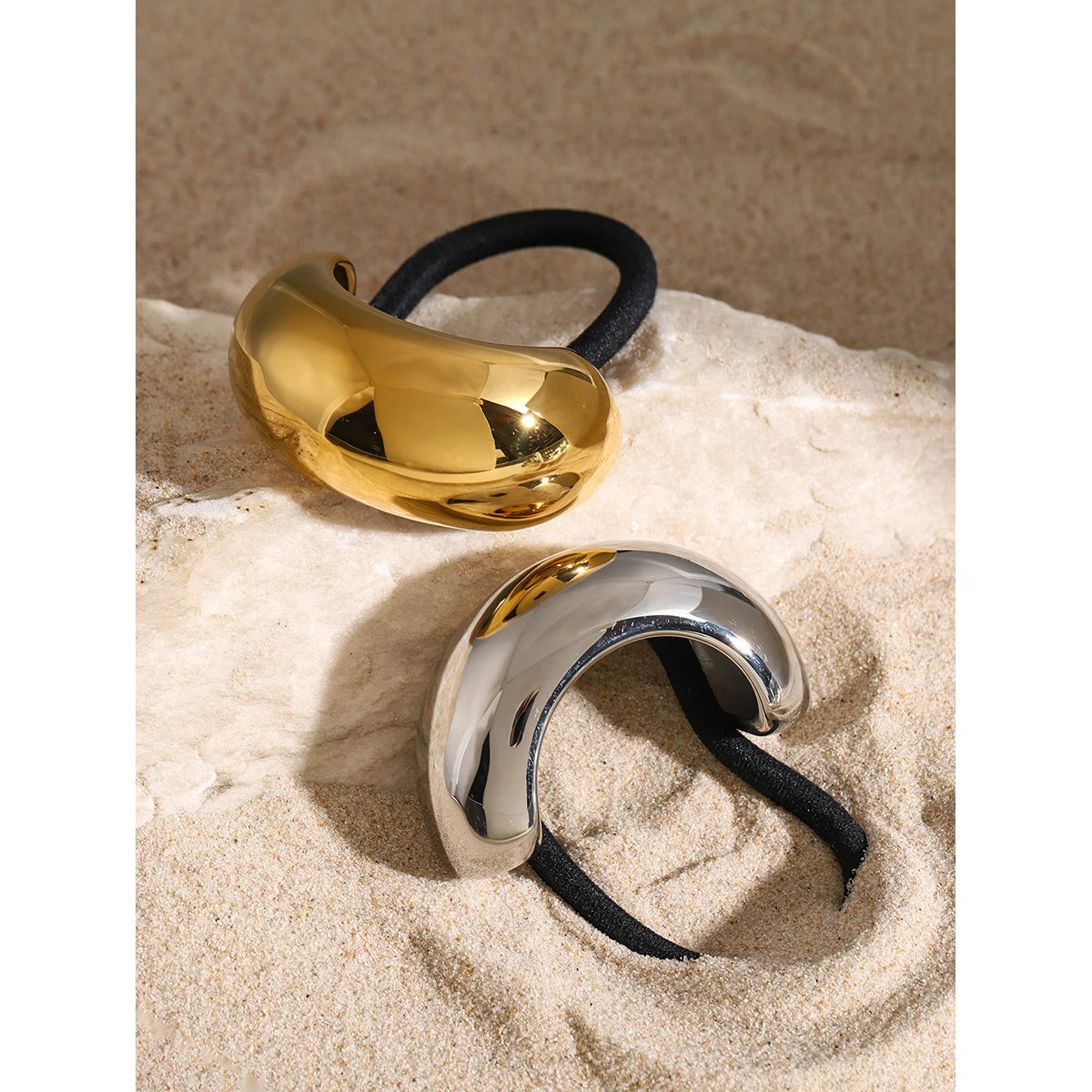 YOUTHWAY Small Sleek Stainless Steel Metal Plastic-Synthetic Fabric Petite Glossy Arch Pony Cuff Ponytail Holders/Colors-Gold/Silver/Black/Multicolor