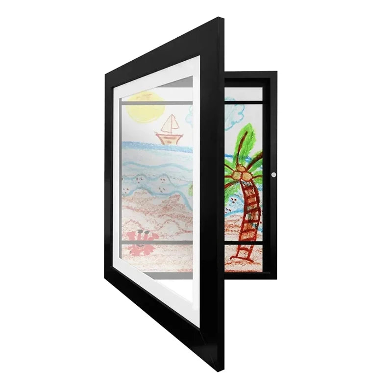Kids Rectangle Wood Trim Frame Clear Acrylic Magnetic Suction Closure Display A4 Artwork Frames/Colors-Black/Brown/White/Beige/Blue/Elastic Band/Hook