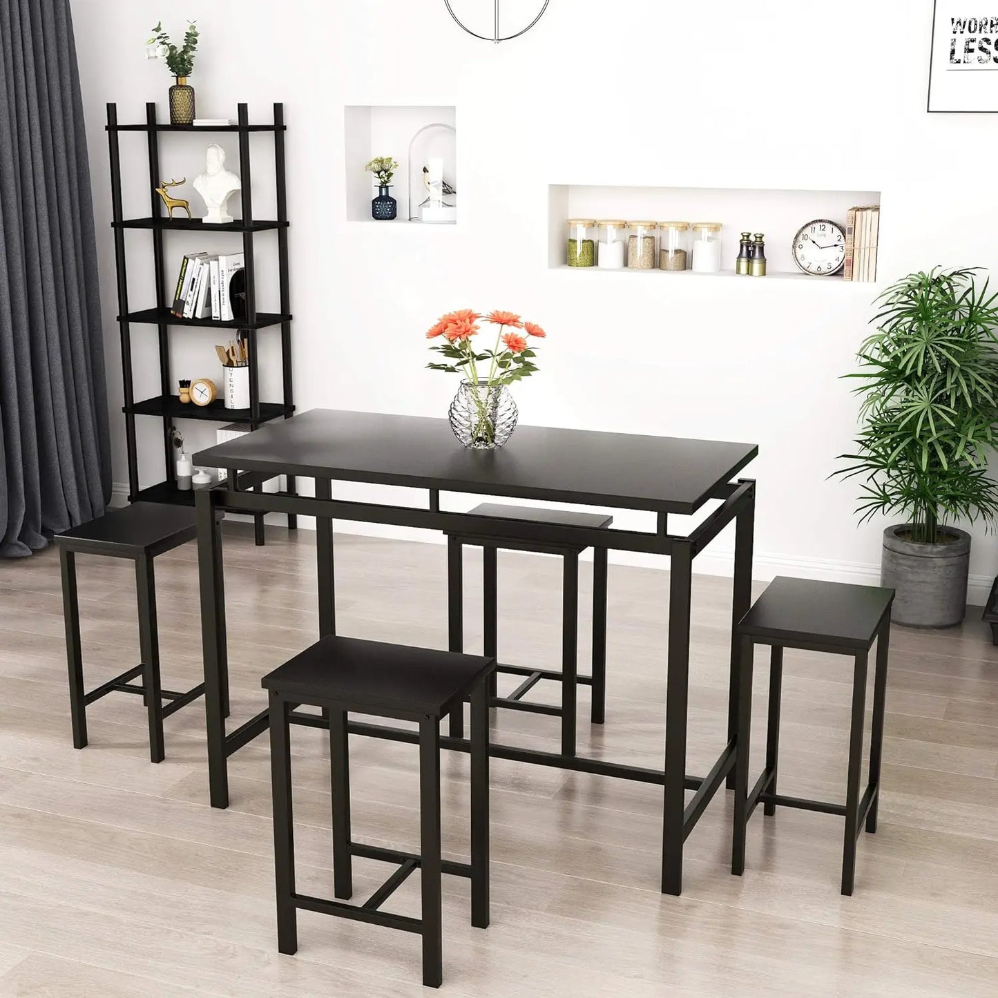 5 PCS Modern Wood Kitchen Table Top w/Iron Frame / 4 Iron Pub Bar Stools/Colors-Brown/Black