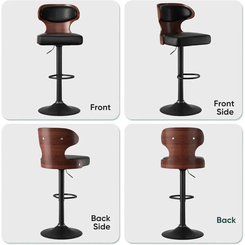 2 pcs L-Shaped Adjustable Height Solid Wood Low Backrest Bentwood Swivel Waterproof Leather Upholstered Cushion Barstools/Black Metal Frame Base /Footrest/Colors-Black/Blue/Green/Brown